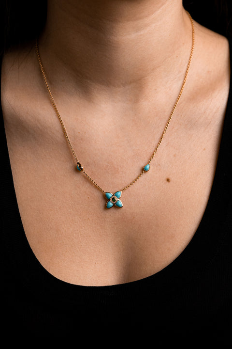Flower Necklace Gold and Turquoise