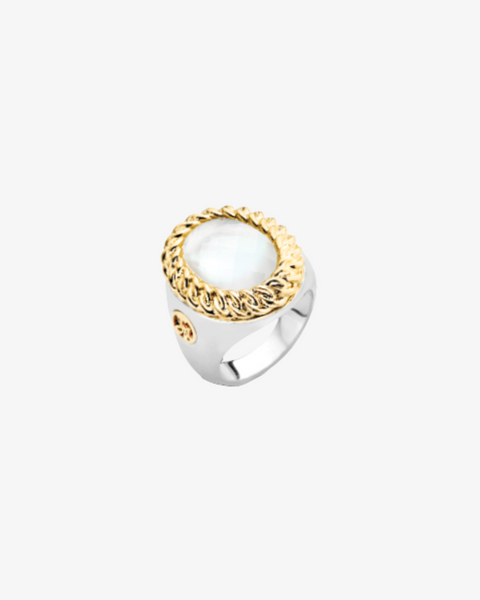Silver Round Ring with Gold Chain and Crystal